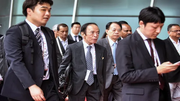 Governor of Bank of Japan, Kazuo Ueda outside meeting room during G20 Finance track meetings at Mahatma Mandir in Gandhinagar on Monday. Express photo by Nirmal Harindran, 17-07-2023, Gandhinagar, Gujarat