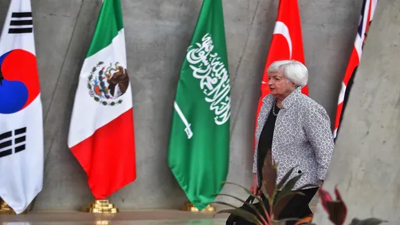 U.S. treasury secretary Janet Yellen  after G20 meetings on Monday at Mahatma Mandir. Express photo by Nirmal Harindran, 17-07-2023, Gandhinagar, Gujarat