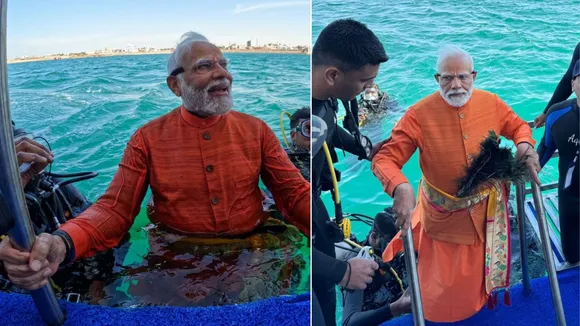 pm narendra modi | pm narendra modi dwarka | pm modi sudarshan setu dwarka | sudarshan setu dwarka | sudarshan setu | dwarka pm narendra modi visit dwarka | dwarkadhish temple | pm modi dwarkadhish temple | bet dwarka |  sudarshan setu bet dwarka | pm modi scuba diving | scuba diving
