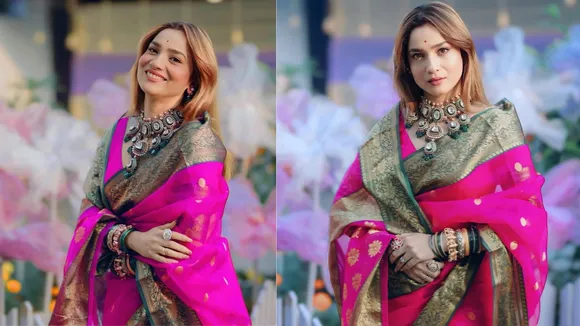 Ankita Lokhande pink saree Look