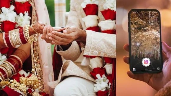 girl making reel, video, groom, bride,