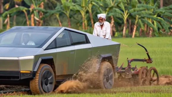 Cybertruck plowing field viral Video