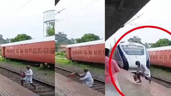 elderly man escapes unhurt as he carelessly walks across a speeding vande bharat in tirur video.