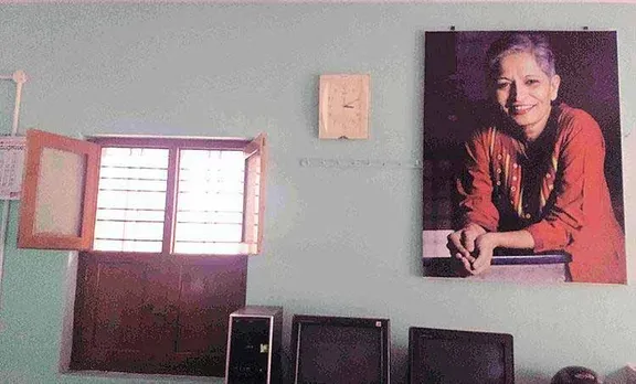 Gauri Lankesh portrait at the office of Nyaya Patha in Bangalore
