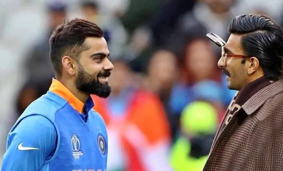 Ranveer Singh, രൺവീർ സിങ്ങ്, രൺവീർ സിംഗ്, Virat kohli, വിരാട് കോഹ്ലി, Ranveer Singh photos, India versus Pakistan Manchester, ICC World Cup, World cup match India Pakistan, Bollywood, KL Rahul, Hardik Pandya, Shikhar Dhawan, Virat Kolhi, Sachin Tendulkar, Harbhajan Singh, Indian cricket, IE Malayalam, ഐ ഇ മലയാളം, ഹാർദ്ദിക് പാണ്ഡ്യ, സച്ചിൻ ടെൻഡുൽക്കർ