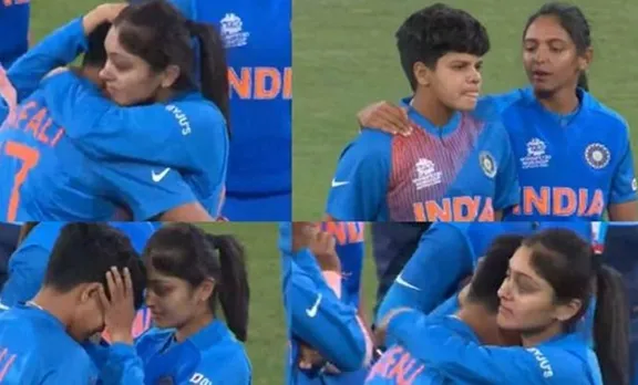 Shafali Verma, Shafali Verma crying, ഷഫാലി, Shafali verma emotional, ഇന്ത്യൻ ക്രിക്കറ്റ്, വനിത ടി harmanpreet kaur, harleen deol, harleen deol consoling shafali verma, Women's T20 World Cup final,വനിത ടി20 ലോകകപ്പ്, India women vs australia women, Shafali verma world cup
