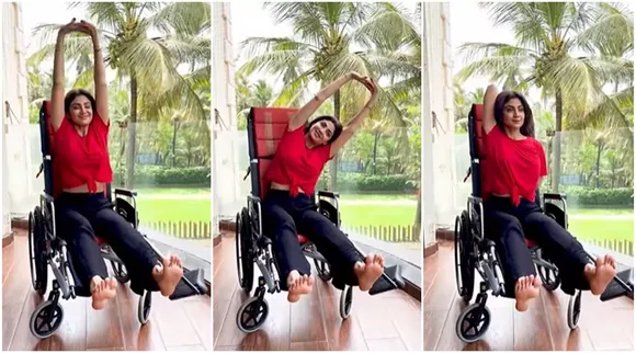 Shilpa Shetty, yoga, yoga video, Shilpa Shetty yoga, Shilpa Shetty injured leg, Shilpa Shetty wheelchair video