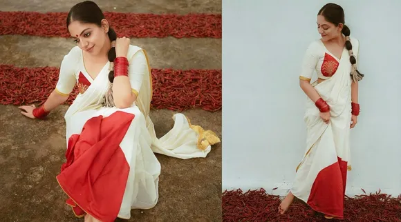 nellu saree, ahaana krishna, ie malayalam