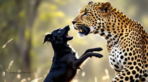 Dog scaring leopard