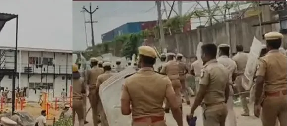 Thiruvallur Kattuppalli North Indian workers protest police lathi charge