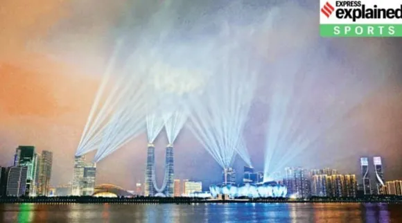 The Hangzhou Olympic Sports Center stadium is seen during a light show, ahead of the Asian Games.jpg