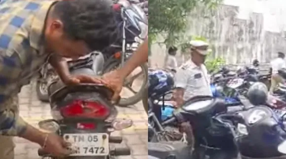 Chennai Vepperi traffic police fined for pasting Police sticker in vehicle Tamil News 