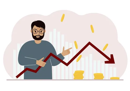 The man is holding an arrow pointing down. The concept of problems in business, problems in the management of a company or a drop in income in a business.