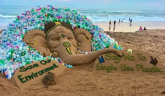 Sudarsan Pattnaik Sculpts Lord Ganesha's Sand Art With 1000 Used Plastic Bottles