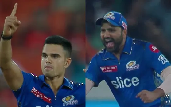 Arjun Tendulkar and Rohit Sharma celebrating (Source - Twitter)