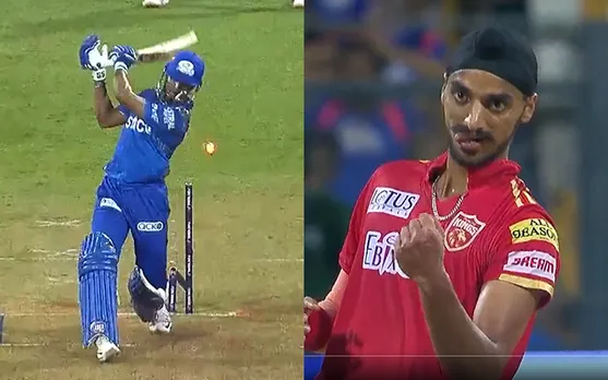 Arshdeep Singh breaking stumps (Source - Twitter)