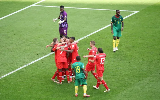 Breel Embolo celebrating with his team after scoring a goal against Cameroon in the FIFA World Cup 2022