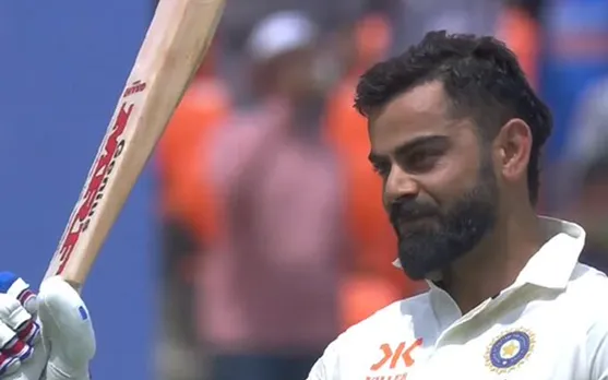 Virat Kohli celebrating after smashing Test hundred (Source - Twitter)