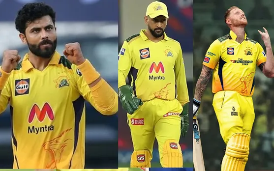 Ravindra Jadeja, MS Dhoni and Ben Stokes (Source - Twitter)