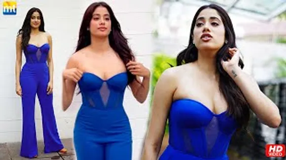 Blue baby!💙 Janhvi Kapoor in a strapless corseted jumpsuit for 'Good Luck Jerry' event