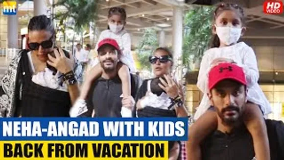 Angad Bedi carries her daughter Mehr on shoulder, Neha Dhupia with son Guriq back from vacations