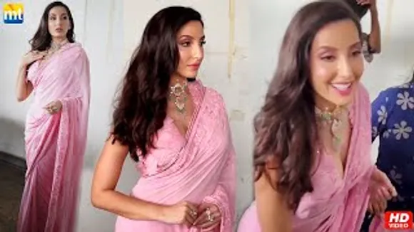 Nora Fatehi Looks Gorgeous In Pink Saree With Embroidery Blouse On Dance Deewane Juniors