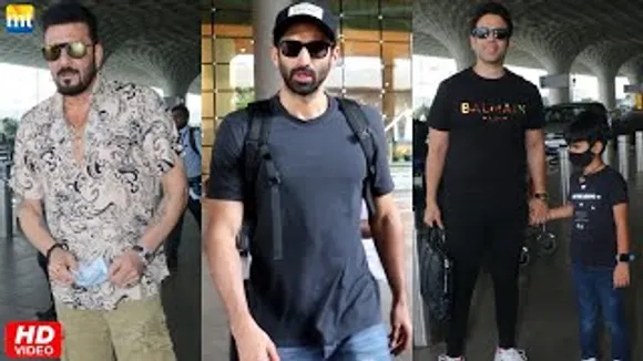 Shudh Singh Sanjay Dutt; OM Aditya Roy Kapur; Tusshar Kapoor With His Son Laksshya At Airport