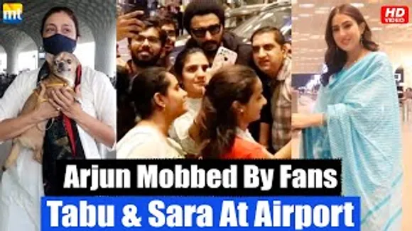 Arjun Kapoor MOBBED by fans as he heads for Meri Patni Ka Remake, Tabu with her Pet, Sara Ali Khan At Airport