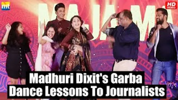Madhuri Dixit teaches her Garba Dance Steps to Journalists at 'Maja Ma' Trailer Launch