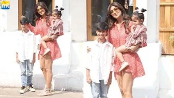Shilpa Shetty arrives with her kids at the Launch Of Her New Restaurant