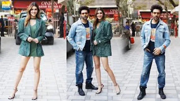 Kartik Aaryan in Denims and Kriti Sanon looks gorgeous in green at Shehzada event