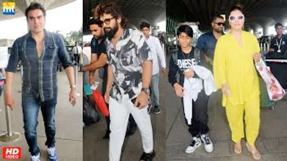 Pushparaaj Allu Arjun, Kajol With Her Son Yug, Arbaaz Khan And Tanishaa Mukerji at airport