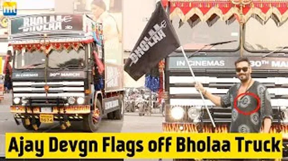 With OM Shirt Ajay Devgn Flags off Bholaa Truck's 9 City Tour of India in Mumbai