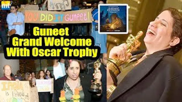 Guneet Monga PROUDLY Poses with her Oscar Trophy as she returns home The Elephant Whisperers