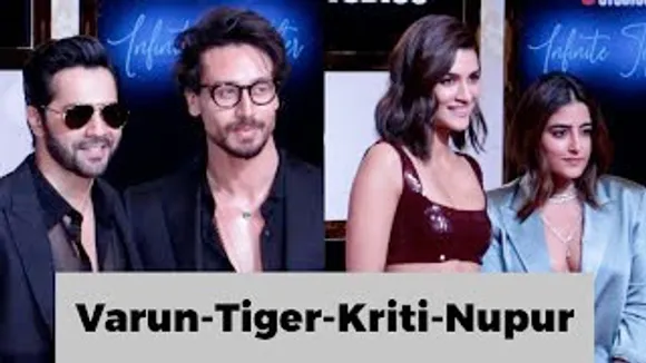 Varun Dhawan HUGS Tiger Shroff, Bhediya Kriti Sanon & Nupur Sanon At Jio Studios Event