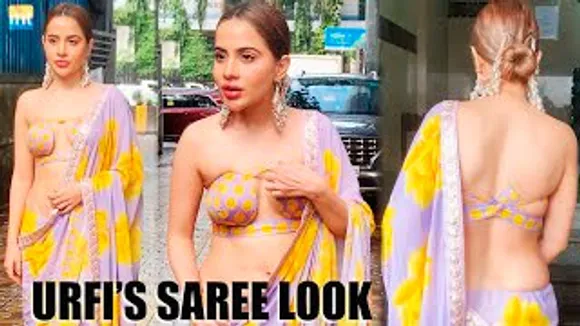 Urfi Javed In Yellow Purple Saree With Backless Blouse & Jhumka