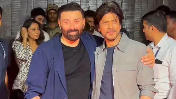 Once Enemies, Sunny Deol, and Shah Rukh Khan come together and hug each other at Gadar 2's 500 crore Success Bash