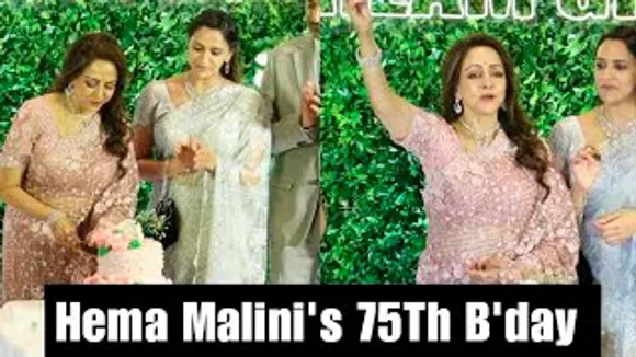 Hema Malini Cuts her 75Th Birthday Cake with her Daughters Esha Deol & Ahana Deol