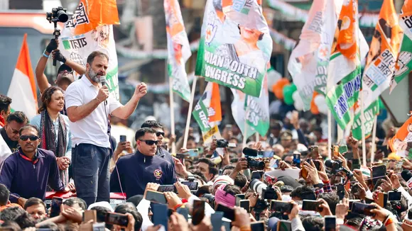 Congress leader Rahul Gandhi addresses supporters during the ‘Bharat Jodo Nyay Yatra’, in Pratapgarh district
