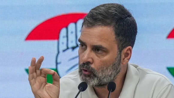 Congress leader Rahul Gandhi addresses a press conference at AICC headquarters, in New Delhi
