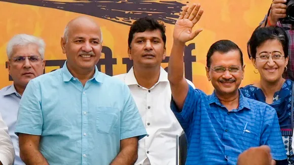 Delhi Chief Minister Arvind Kejriwal with former deputy chief minister Manish Sisodia and Delhi ministers Kailash Gahlot, Saurabh Bharadwaj and Atishi during AAP workers' meeting, in New Delhi, Sunday, Sept. 15, 2024.