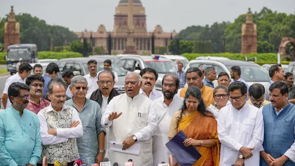 Leader of Opposition in the Rajya Sabha Mallikarjun Kharge with other I.N.D.I.A leaders address a press conference after a meeting with President Droupadi Murmu