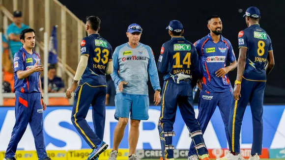 Gujarat Titans and Lucknow Super Giants players greet each other on May 7