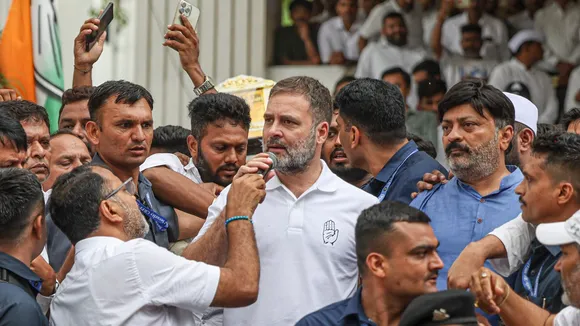 Congress MP Rahul Gandhi during a meeting with party workers, at PCC office, Congress Bhawan, in Ahmedabad, Saturday, July 6, 2024