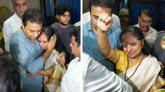 BRS leader K Kavitha displays her fist as she walks out of Tihar Jail after the Supreme Court granted her bail in the excise policy case, in New Delhi, Tuesday, Aug. 27, 2024.