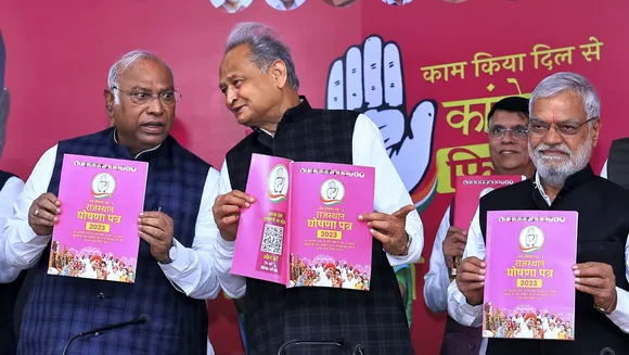 Congress President Mallikarjun Kharge with Rajasthan Chief Minister Ashok Gehlot and party leaders releases the party's manifesto for the State Assembly elections, in Jaipur