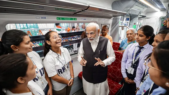 Prime Minister Narendra Modi interacts with school children at Regional Rapid Train Namo Bharat, in Sahibabad, Uttar Pradesh, Friday