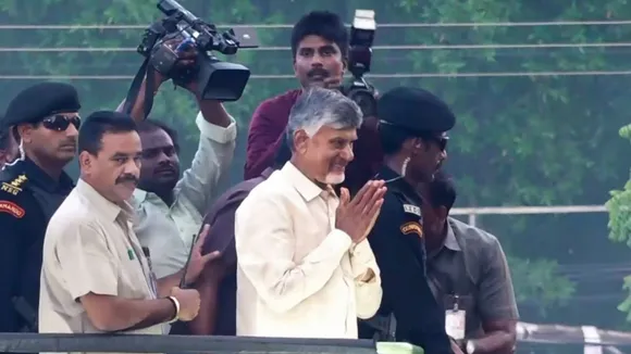 TDP Chief Chandrababu Naidu arrives at party headquarters as his party leads during counting of votes for the Andhra Pradesh Assembly election at Mangalgiri, in Guntur district, Tuesday, June 4, 202