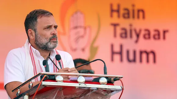 Congress MP Rahul Gandhi addresses a public meeting during the 'Bharat Jodo Nyay Yatra', in Ranchi