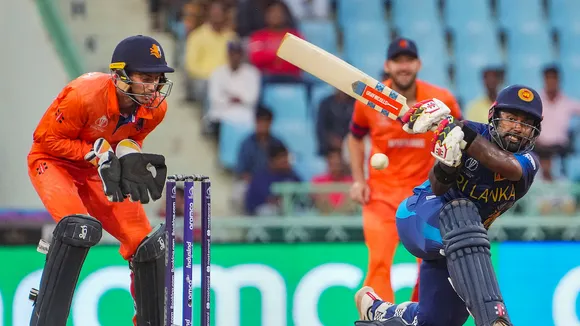 Sri Lanka's Charith Asalanka plays a shot during the ICC Men's Cricket World Cup 2023 match between Sri Lanka and Netherlands, at Bharat Ratna Shri Atal Bihari Vajpayee Ekana Cricket Stadium, in Lucknow, Saturday, Oct. 21, 2023.
